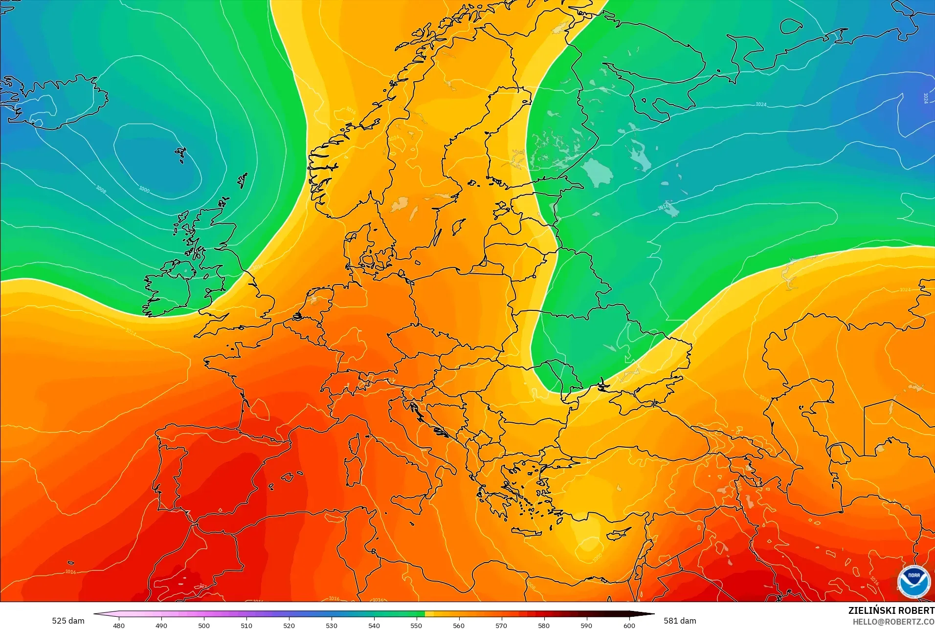 GFS model - Europe, Geopotential height at 500hPa