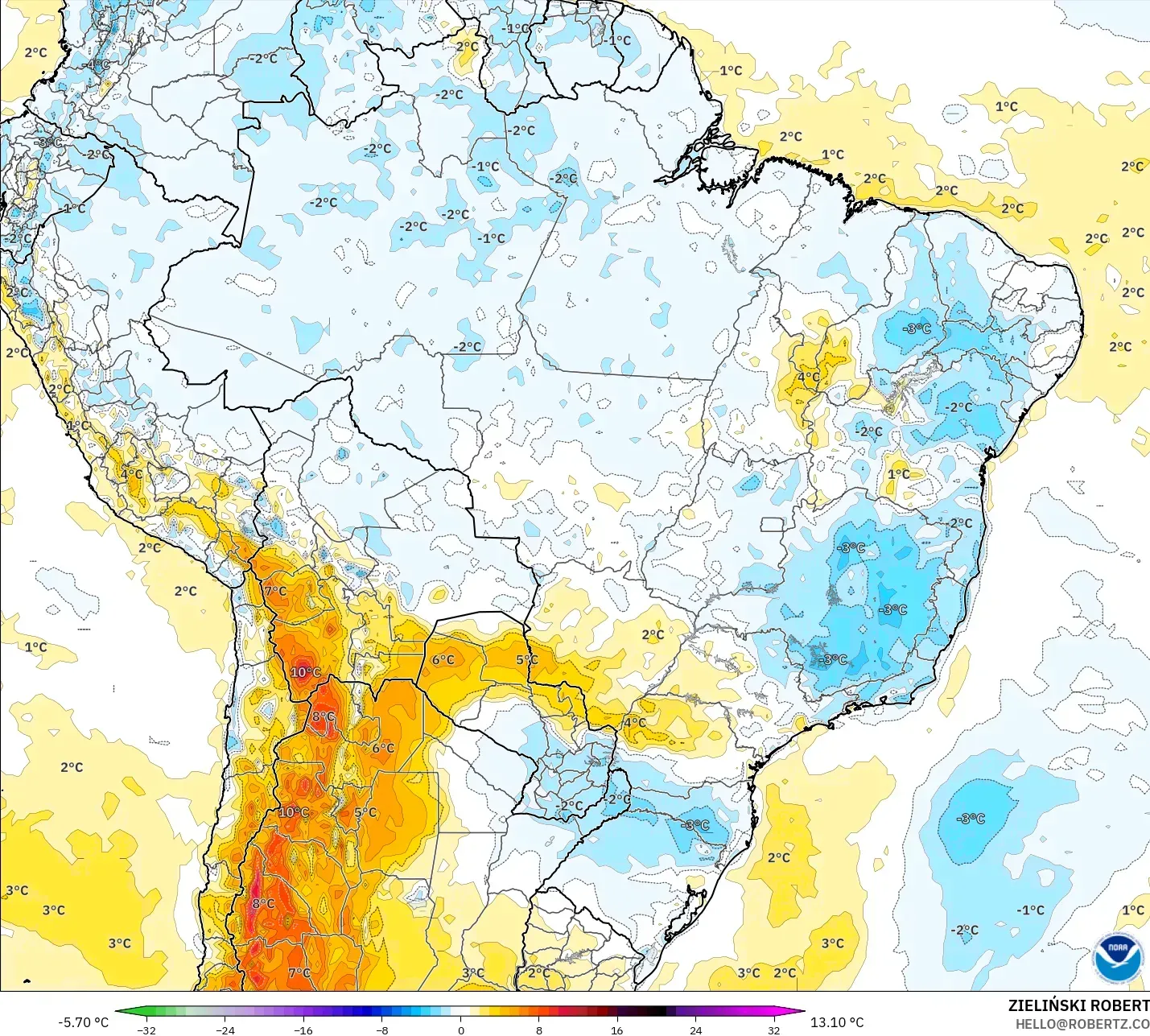 GFS model - Brazil, Temperature at 2m Anomaly