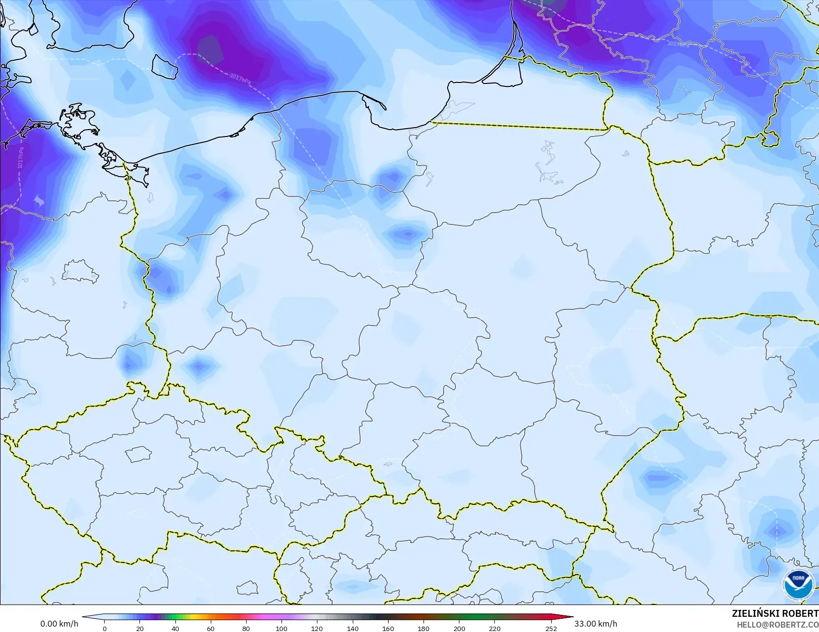 GFS model - Poland, Wind Gusts