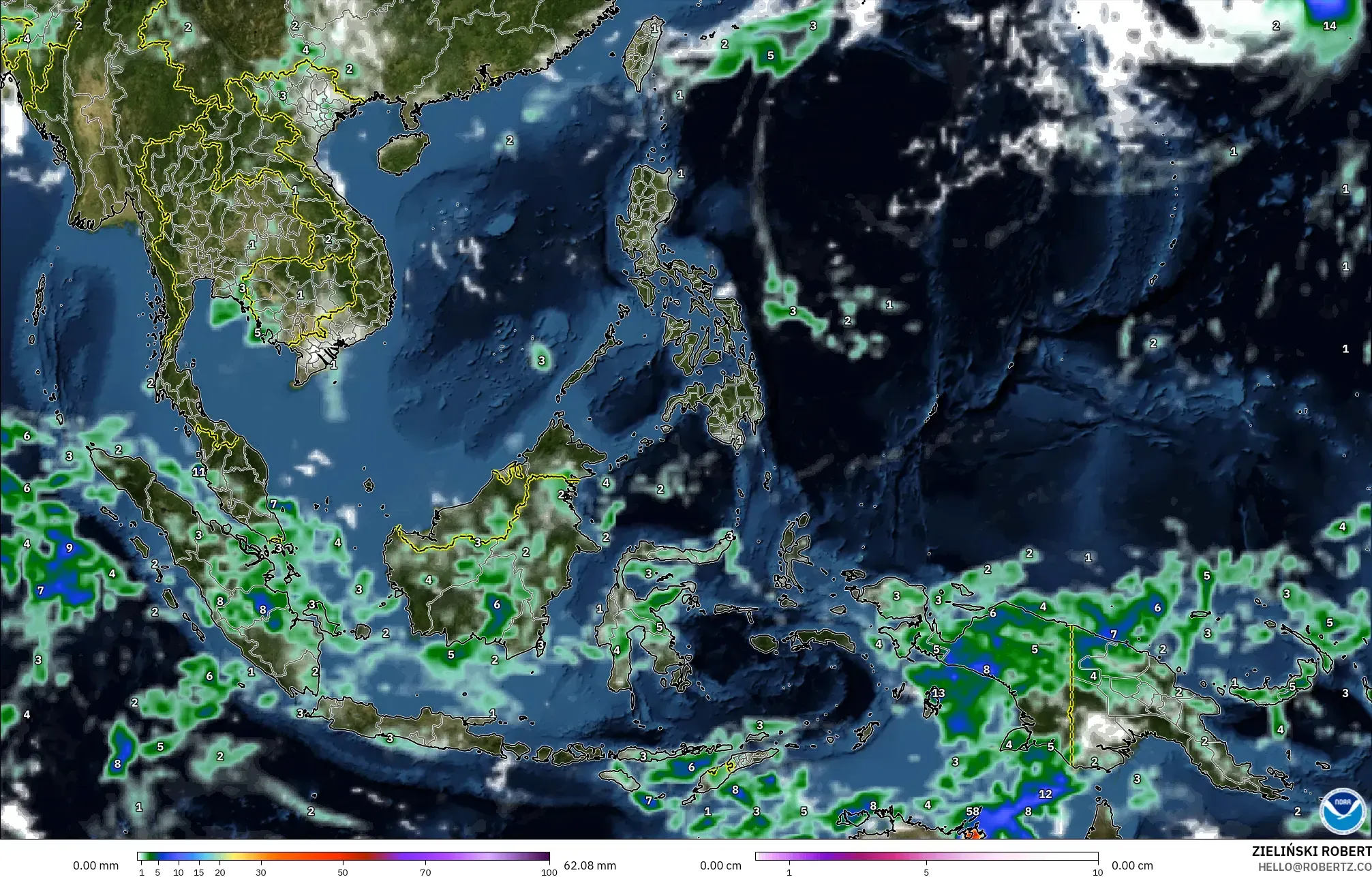 GFS model - South East Asia, Precipitation, Clouds, and Pressure