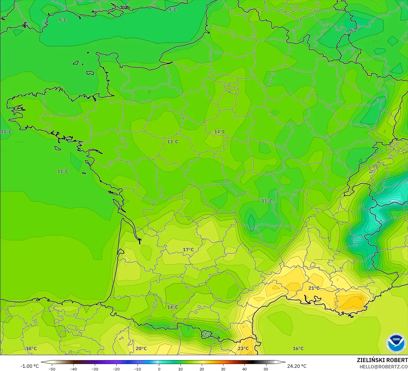 GFS model - France, Temperature at 2m