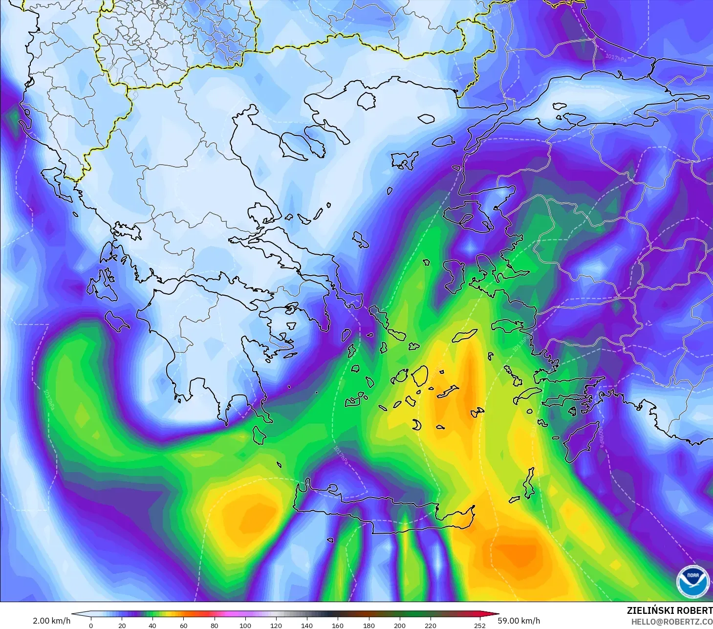 GFS model - Greece, Wind Gusts