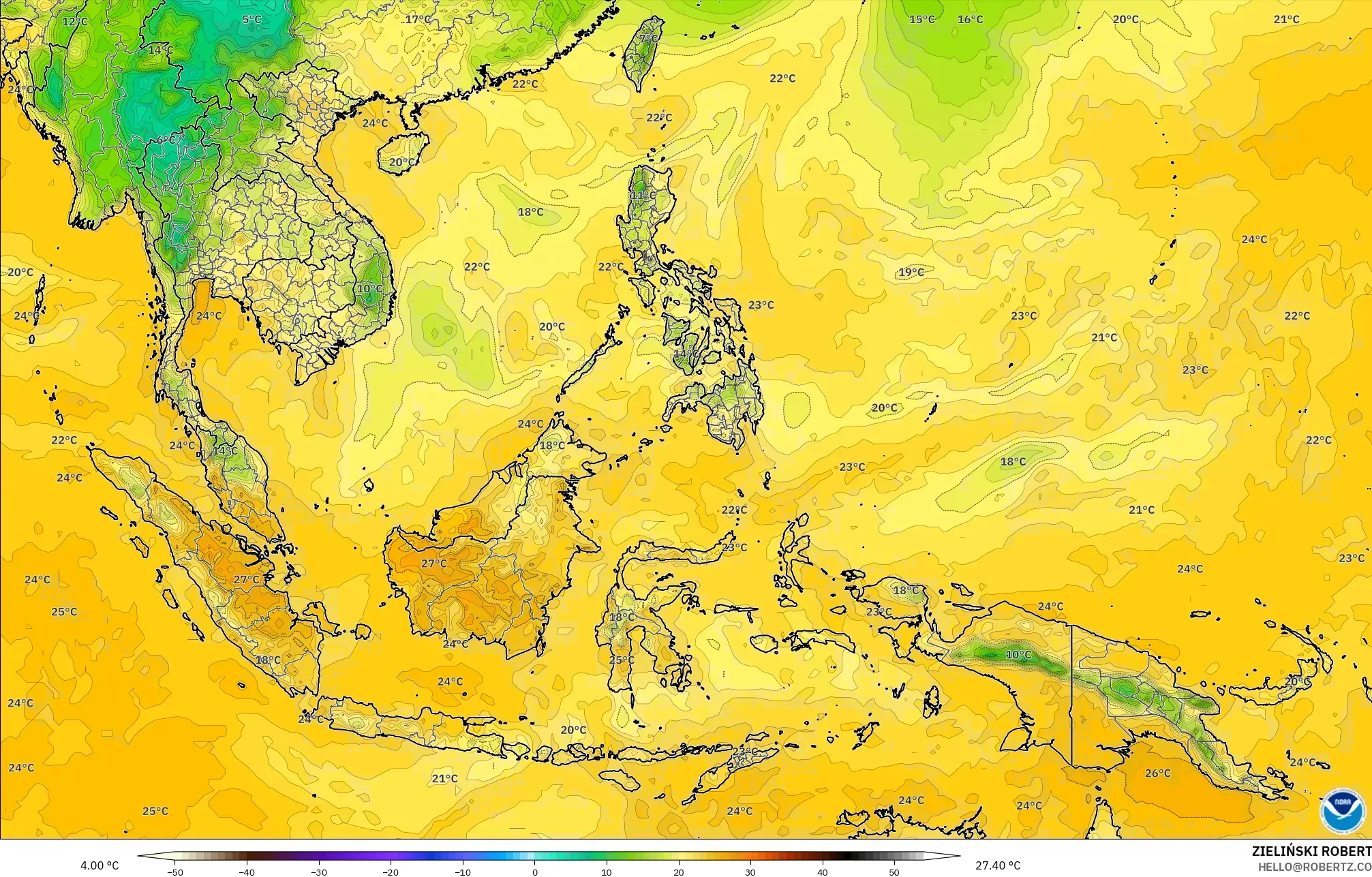 GFS model - South East Asia, Dewpoint at 2m