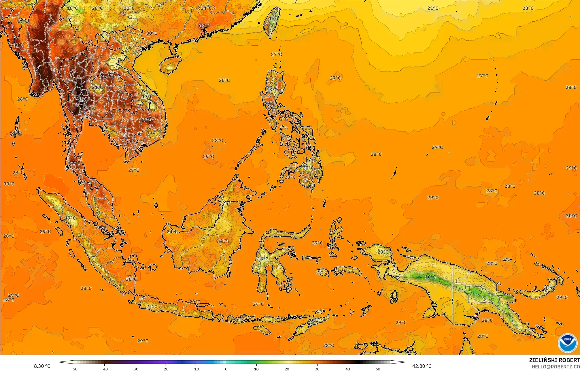 GFS model - South East Asia, Temperature at 2m