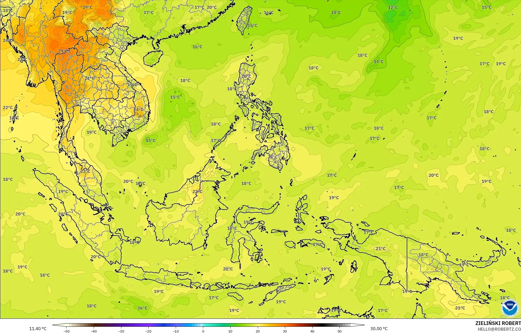 GFS model - South East Asia, Temperature at 850hPa