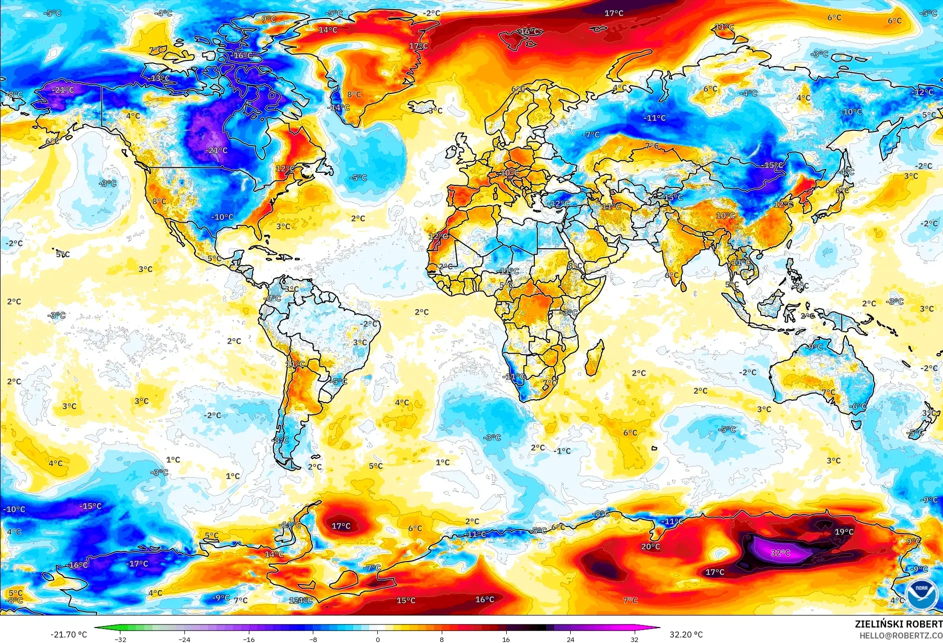 GFS model - World, Temperature at 2m Anomaly