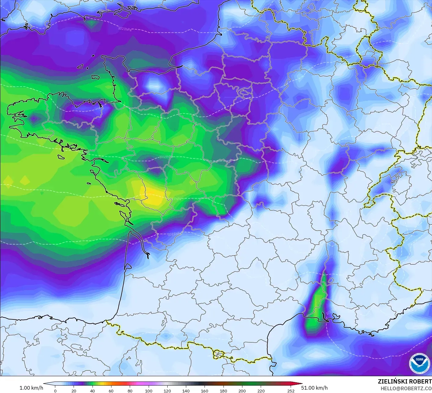 GFS model - France, Wind Gusts