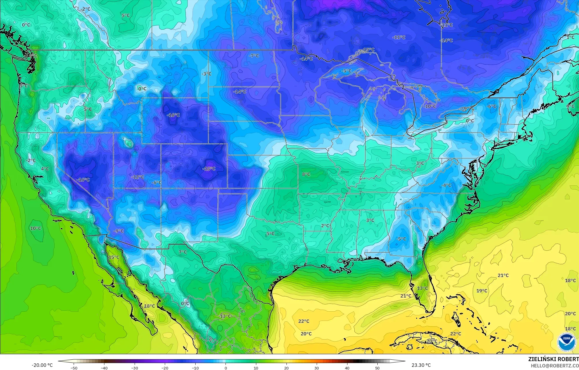 GFS model - United States, Dewpoint at 2m