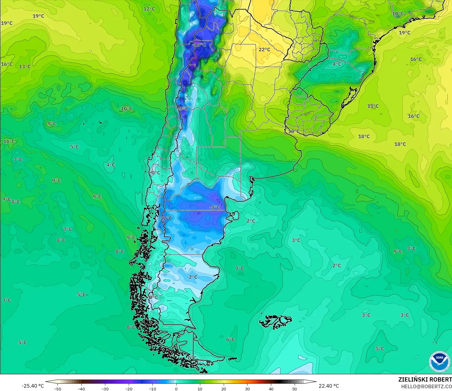 GFS model - Argentina, Dewpoint at 2m