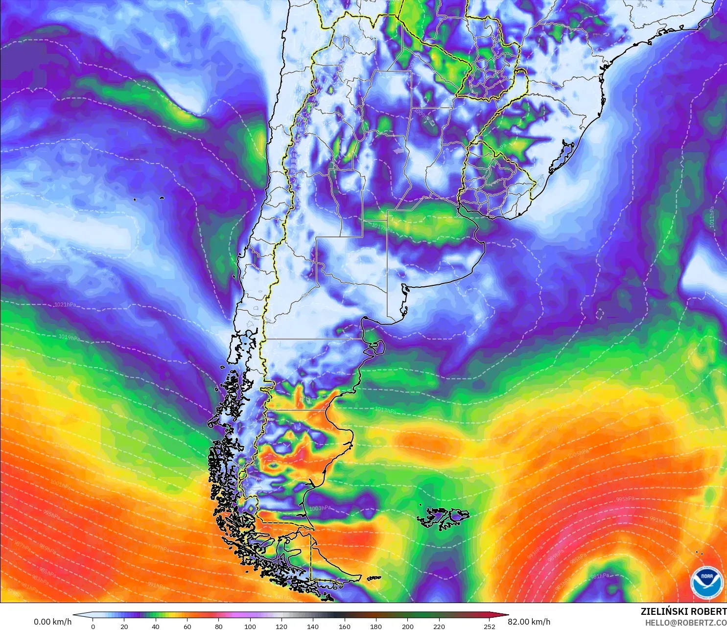 GFS model - Argentina, Wind Gusts