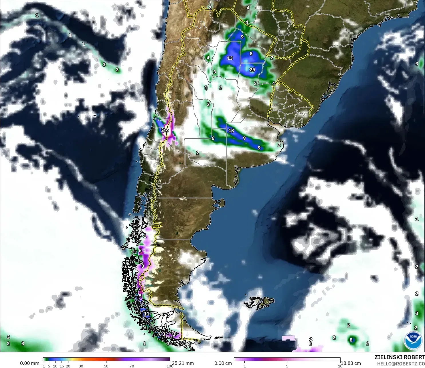 GFS model - Argentina, Precipitation, Clouds, and Pressure