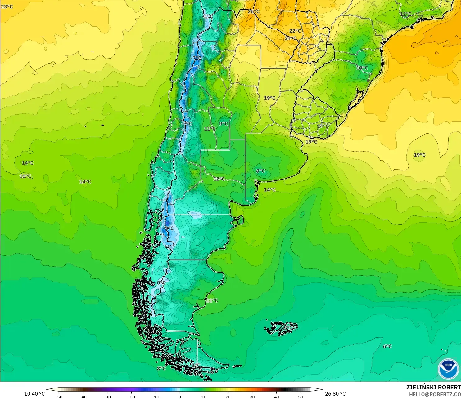 GFS model - Argentina, Temperature at 2m