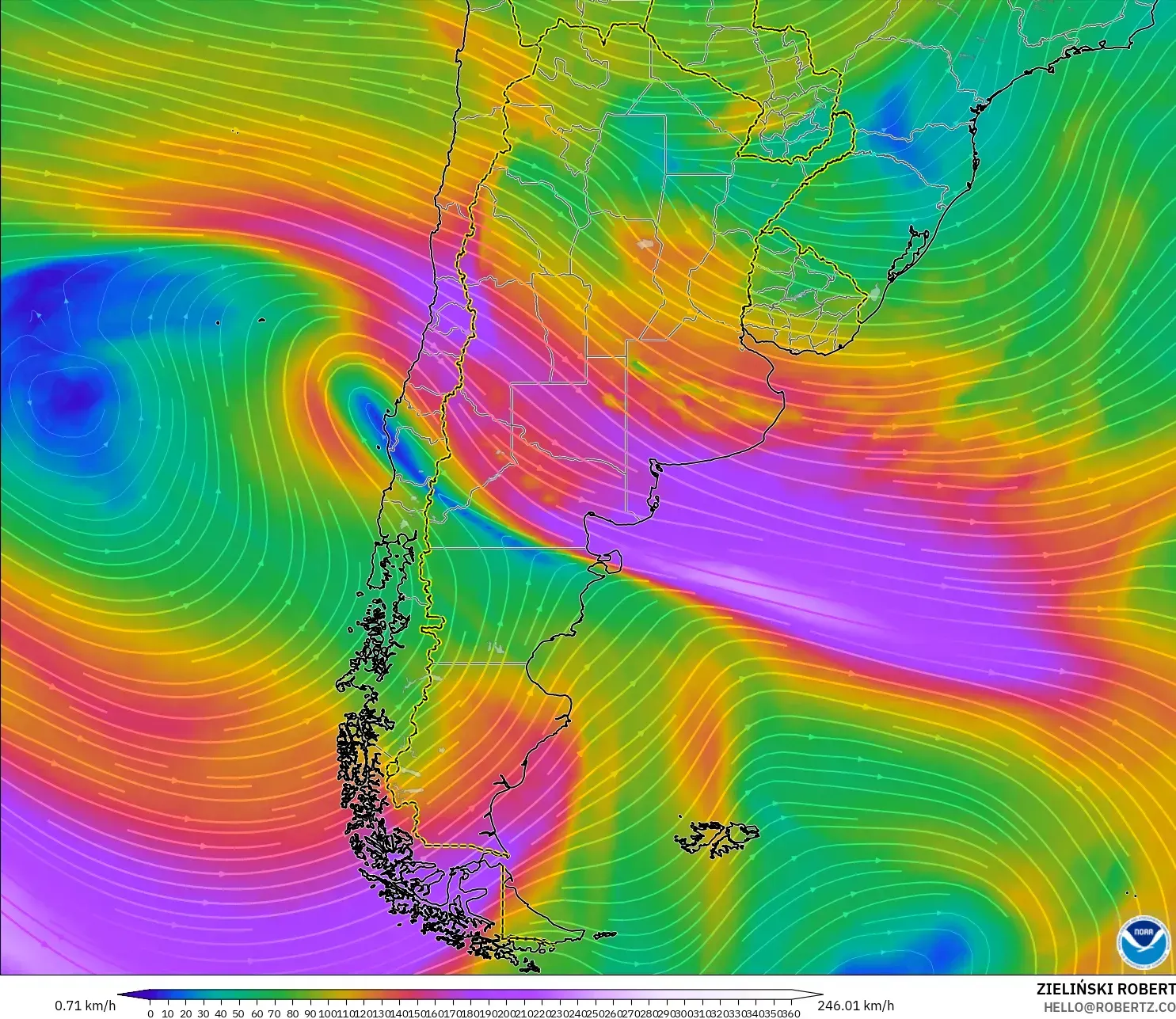 GFS model - Argentina, Wind at 300hPa (jet stream)