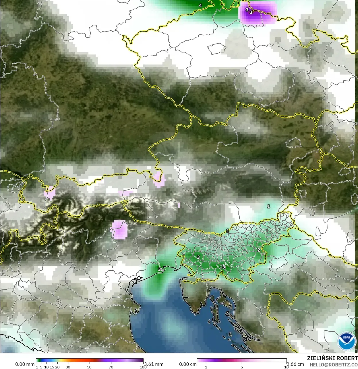 GFS model - Austria, Precipitation, Clouds, and Pressure