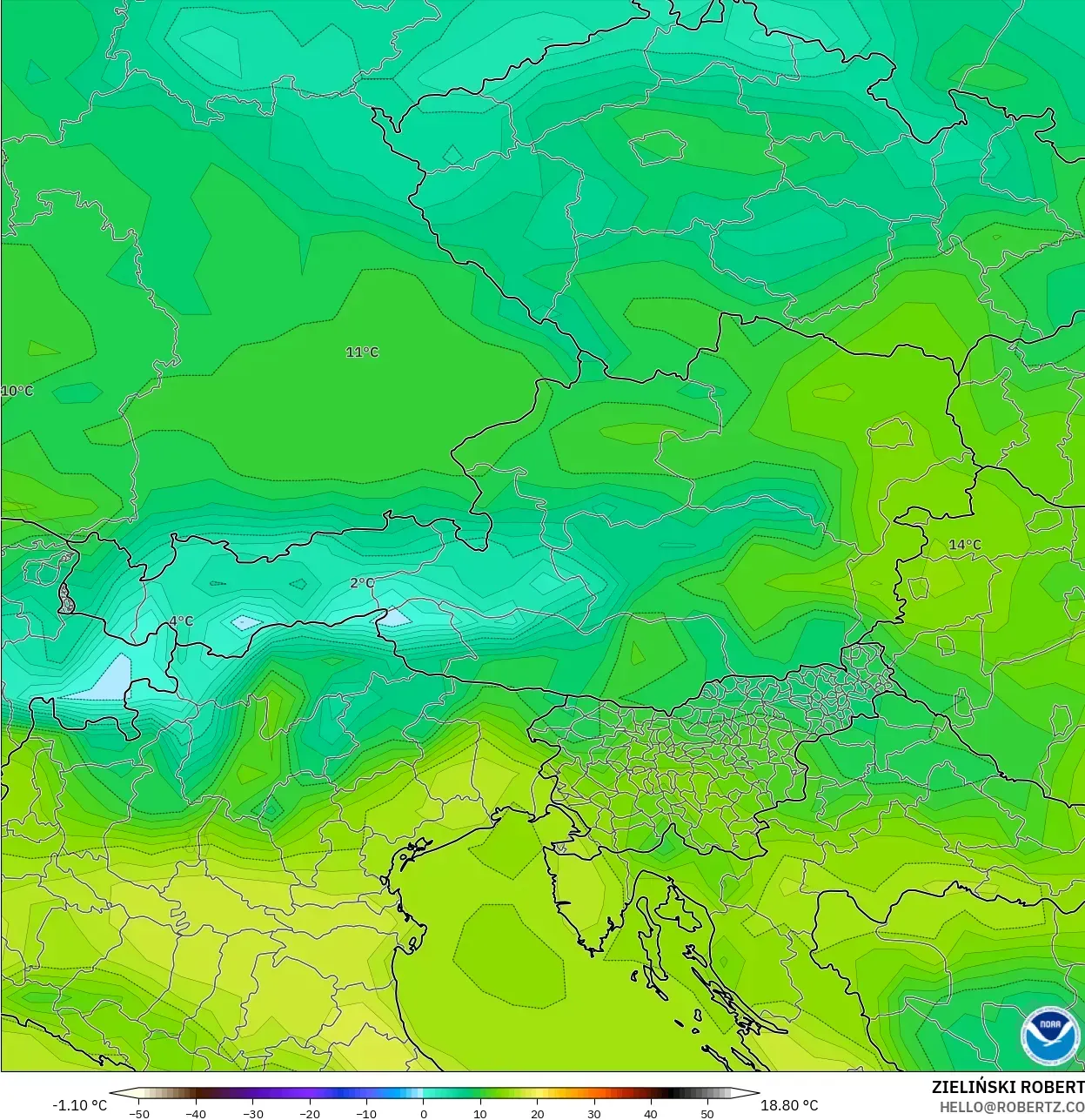 GFS model - Austria, Temperature at 2m