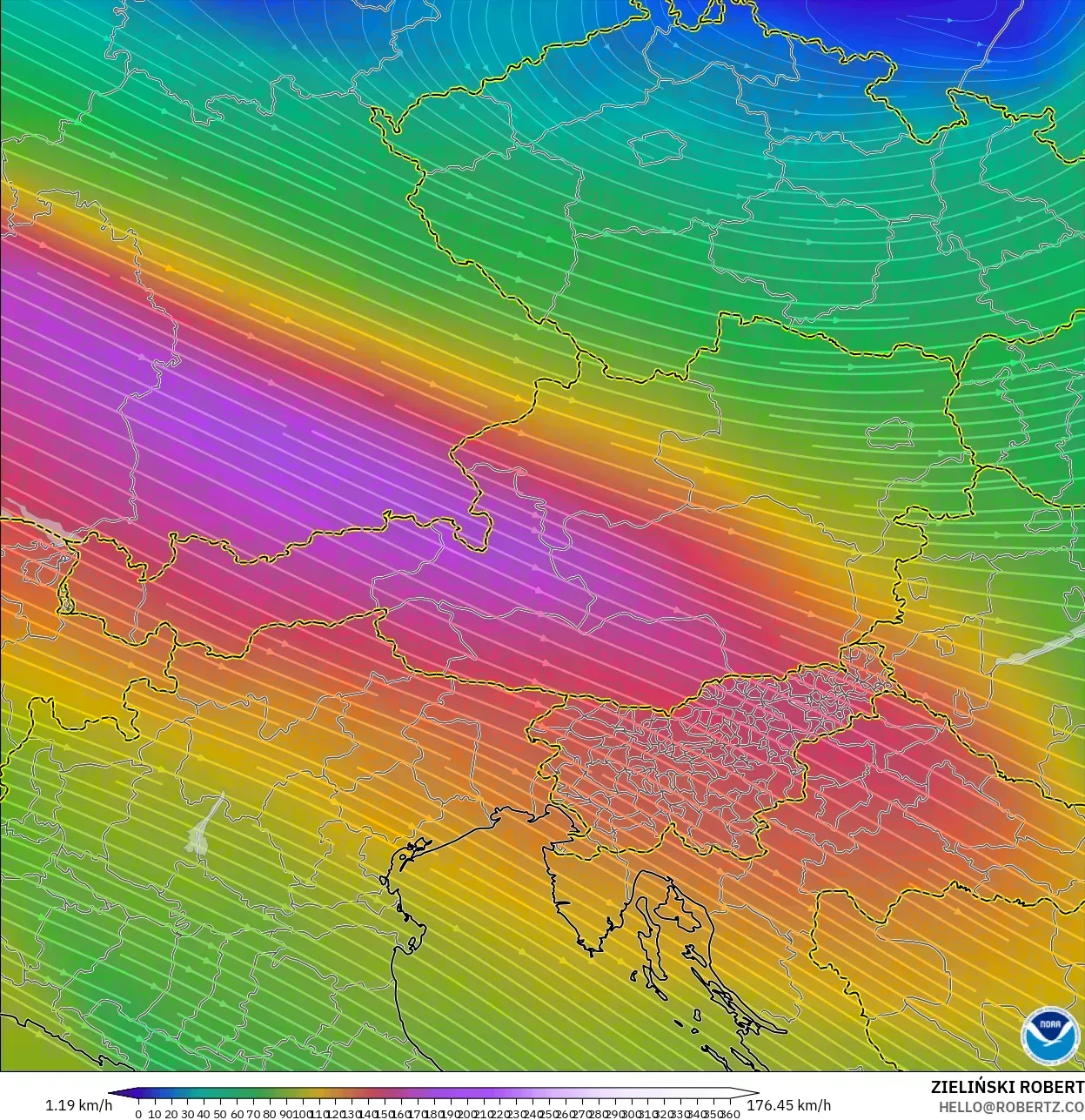 GFS model - Austria, Wind at 300hPa (jet stream)