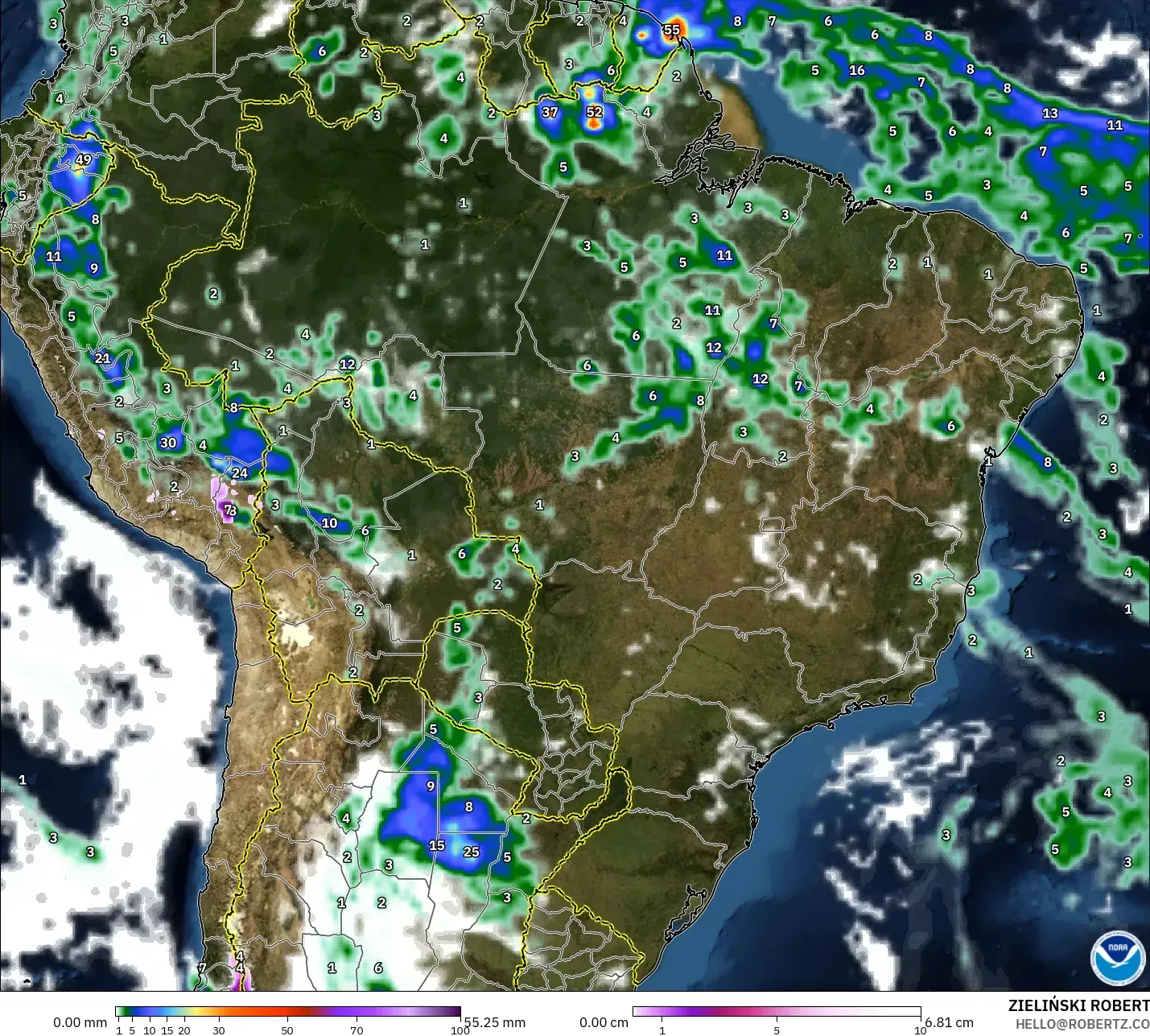 GFS model - Brazil, Precipitation, Clouds, and Pressure