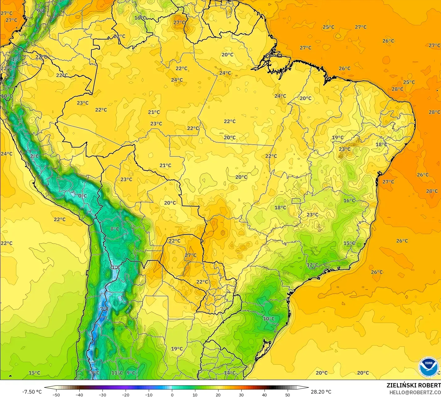 GFS model - Brazil, Temperature at 2m