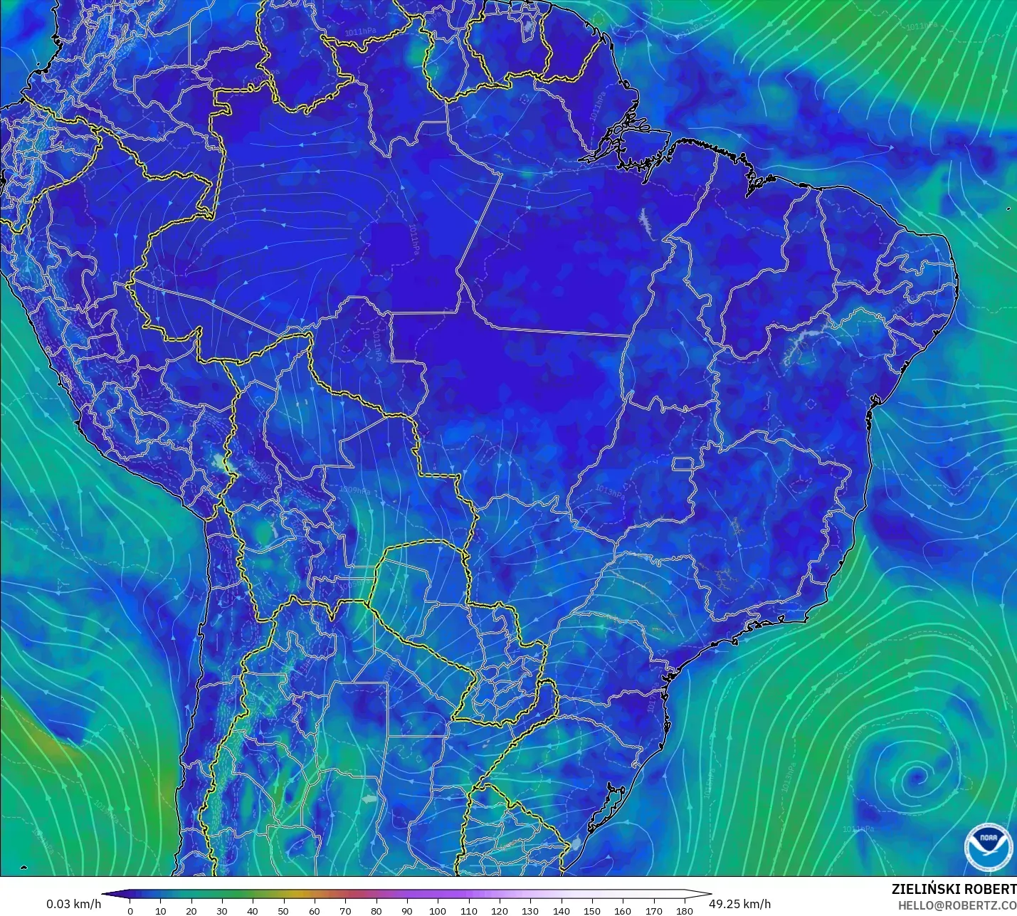GFS model - Brazil, Wind at 10m