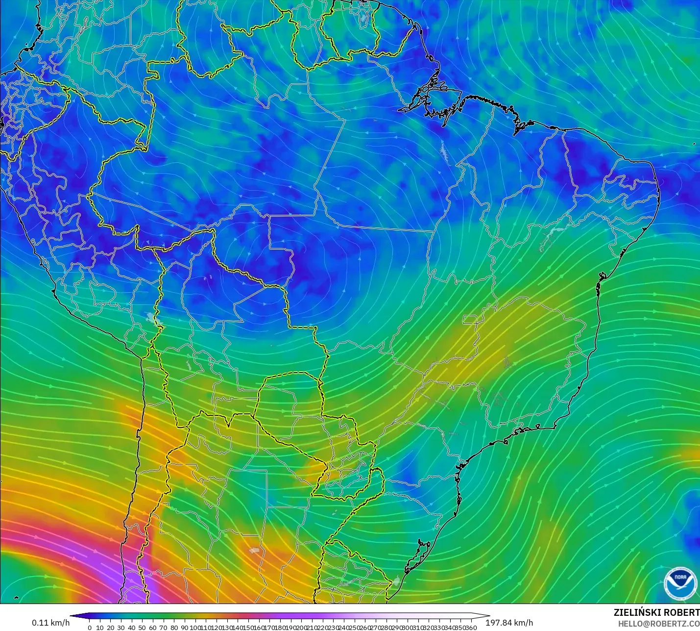 GFS model - Brazil, Wind at 300hPa (jet stream)