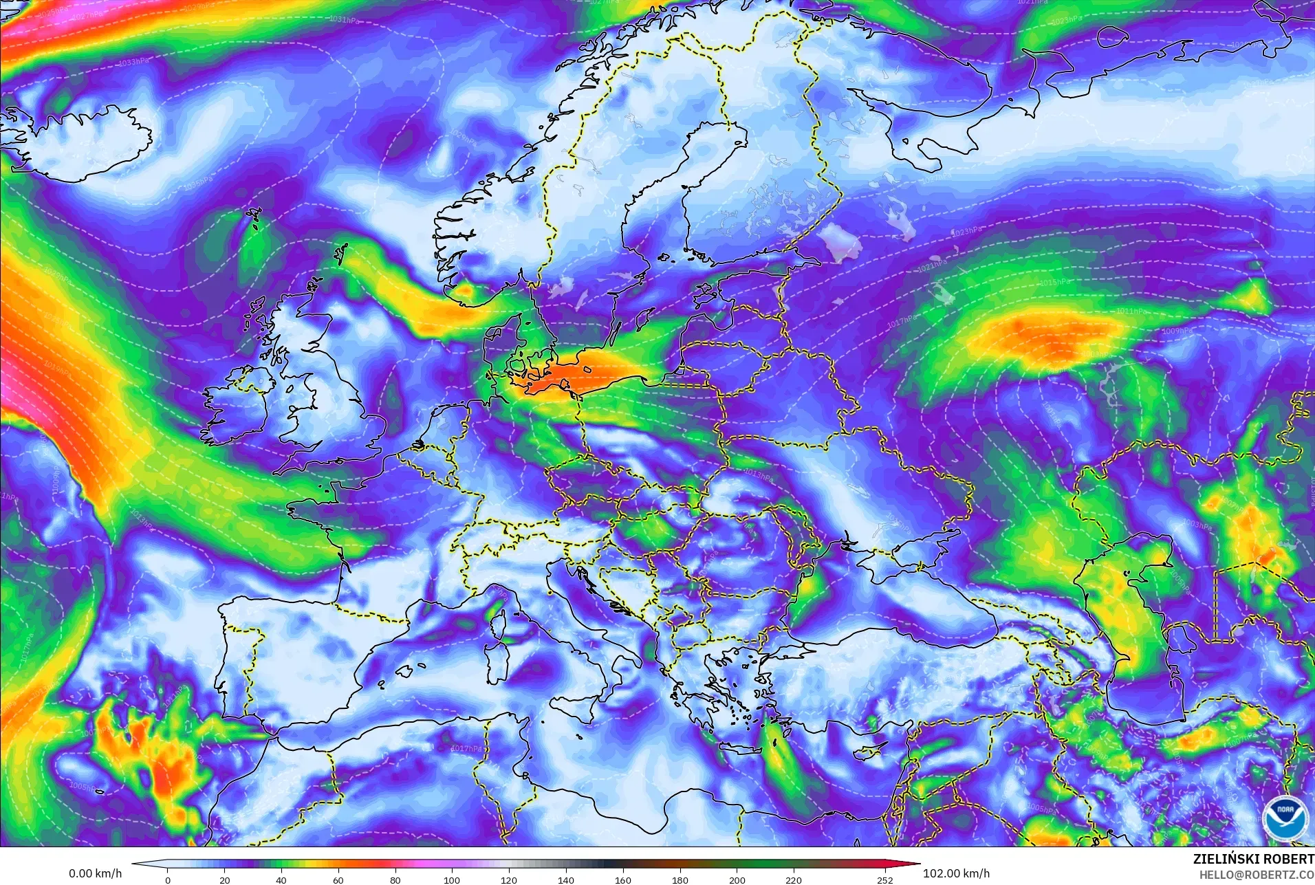 GFS model - Europe, Wind Gusts