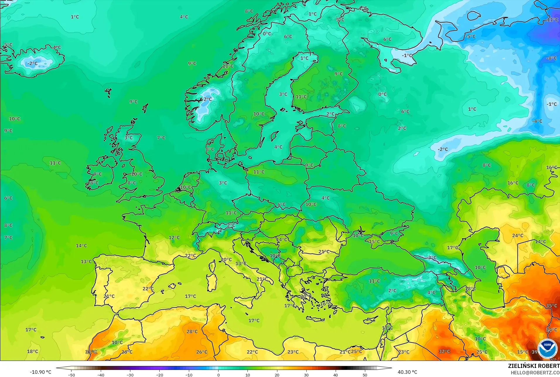 GFS model - Europe, Temperature at 2m