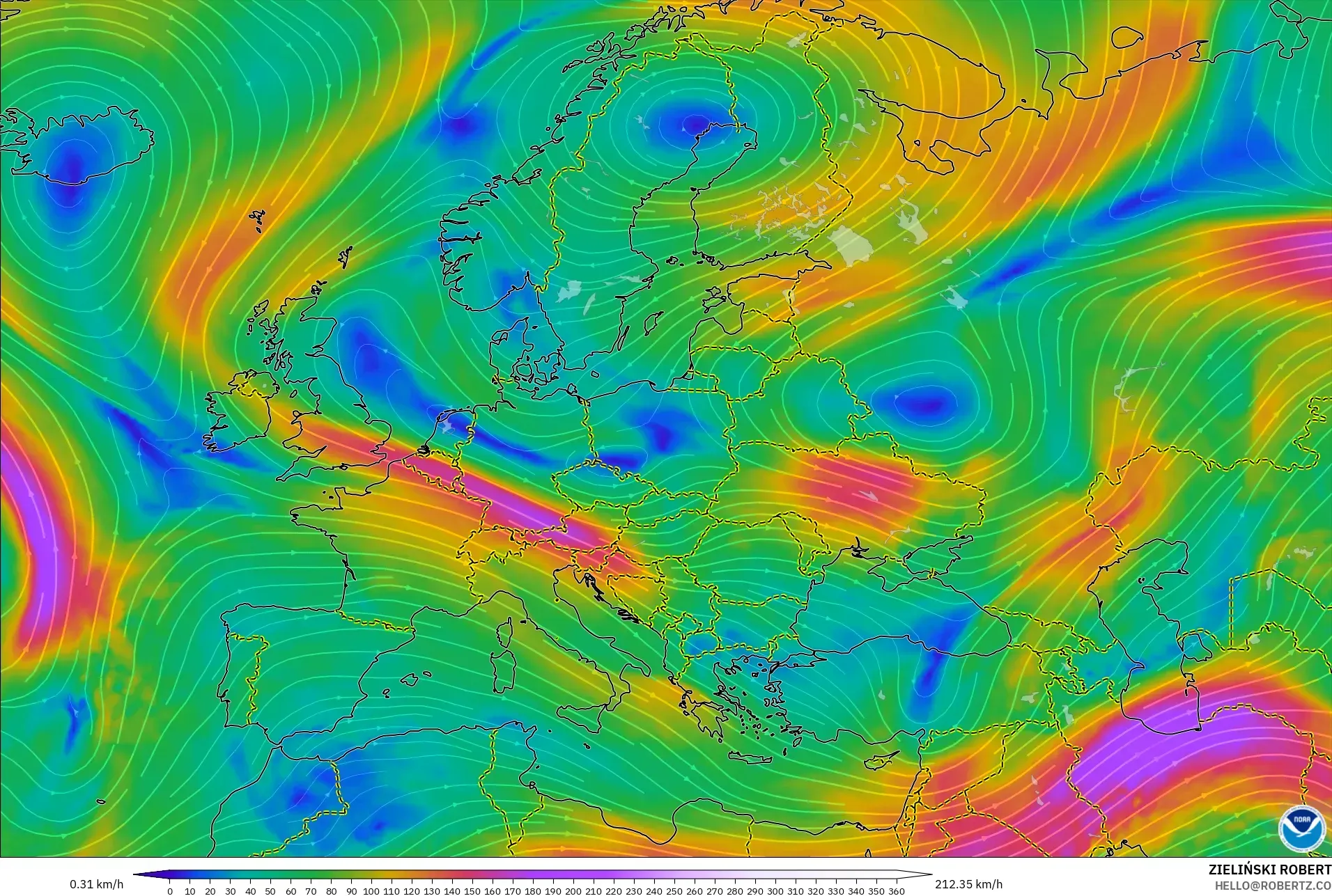 GFS model - Europe, Wind at 300hPa (jet stream)