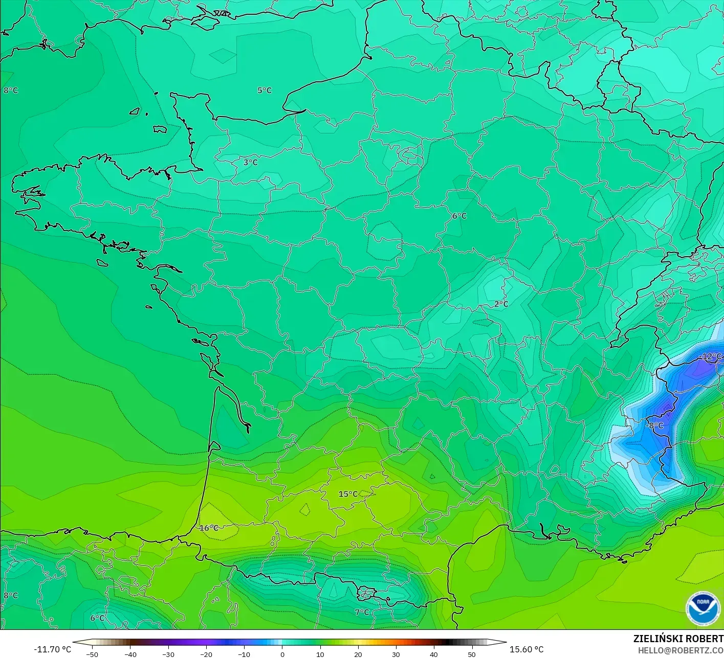 GFS model - France, Dewpoint at 2m