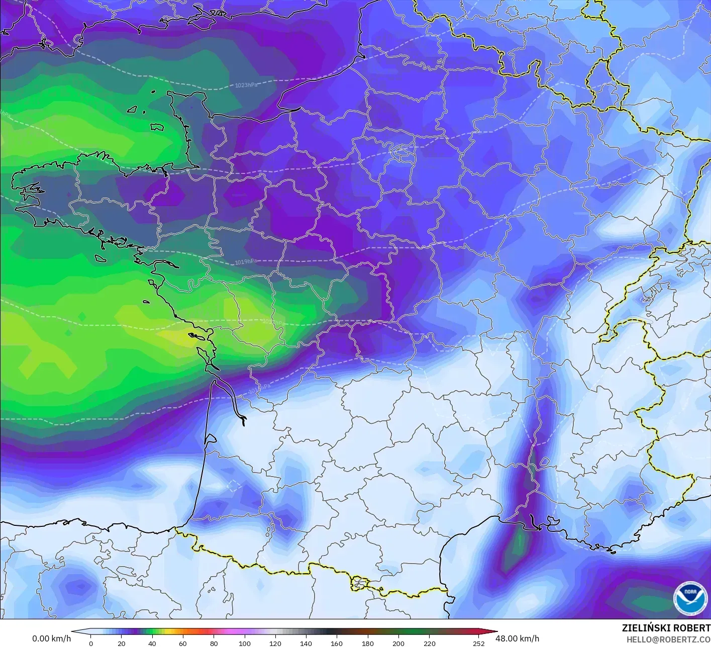 GFS model - France, Wind Gusts