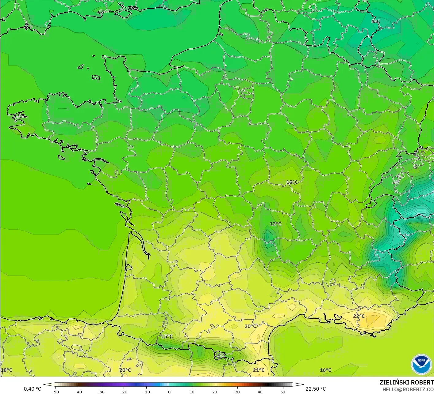 GFS model - France, Temperature at 2m