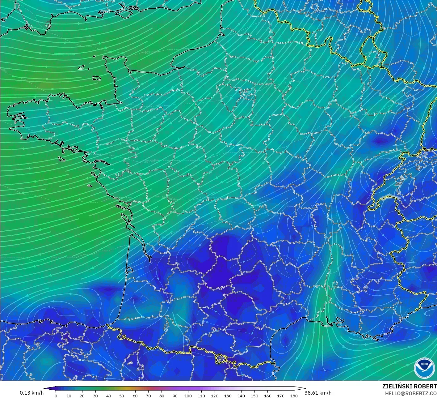 GFS model - France, Wind at 10m