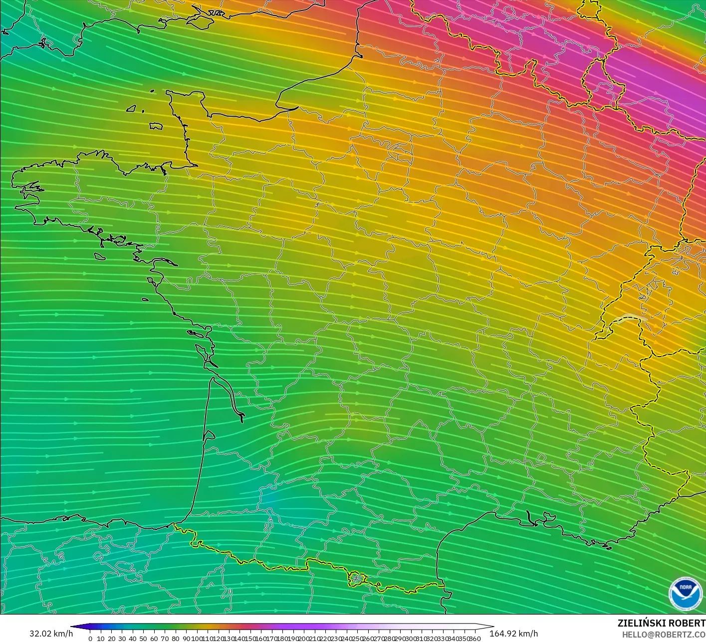 GFS model - France, Wind at 300hPa (jet stream)