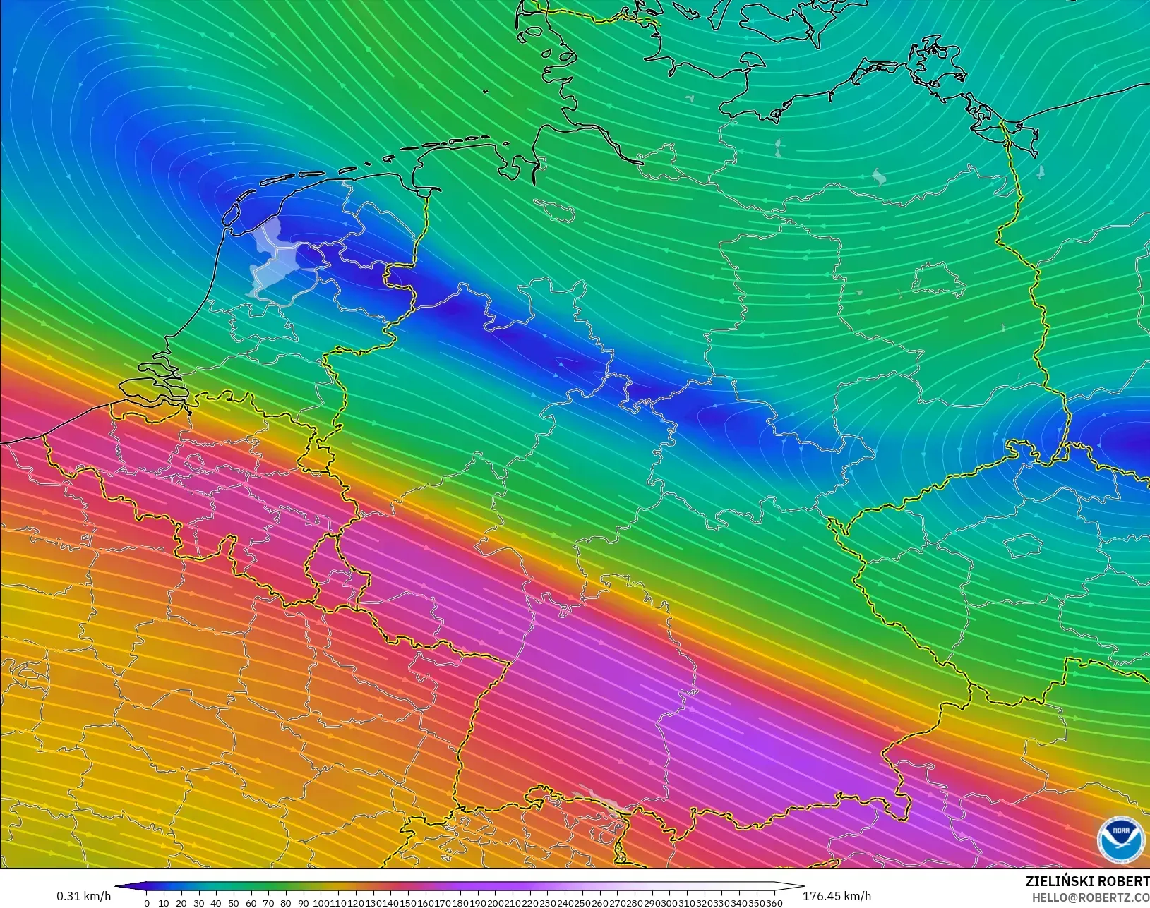 GFS model - Germany, Wind at 300hPa (jet stream)
