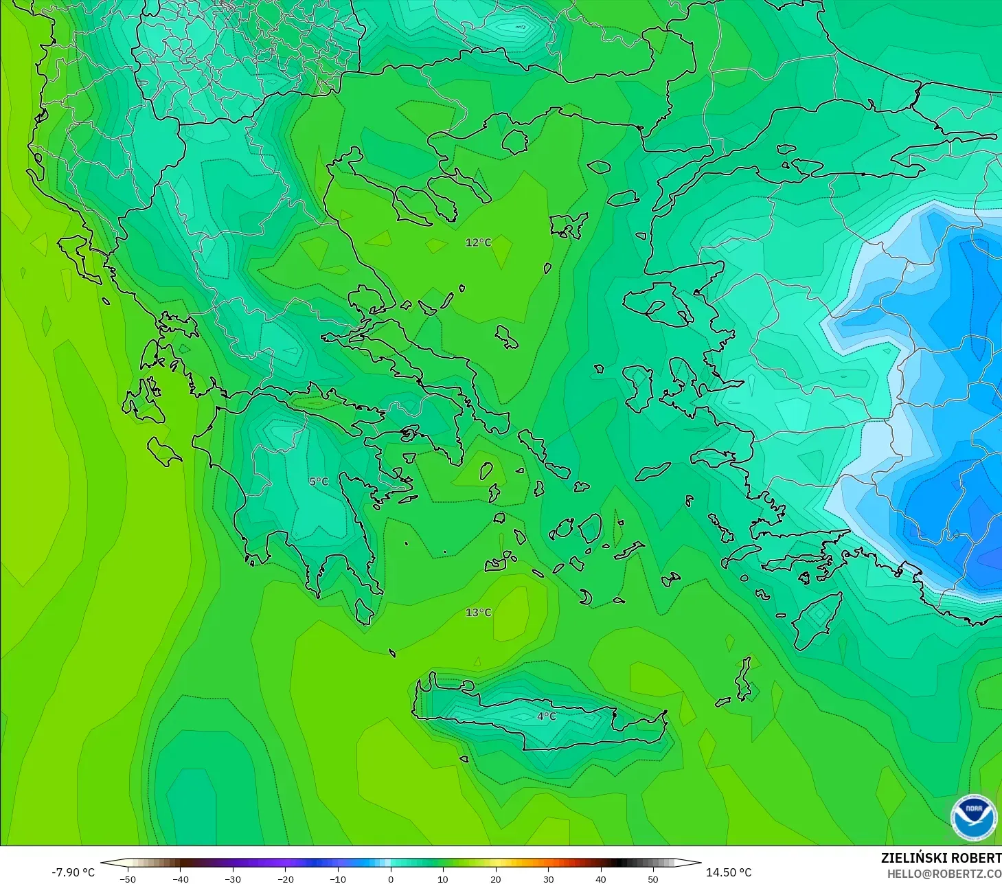 GFS model - Greece, Dewpoint at 2m