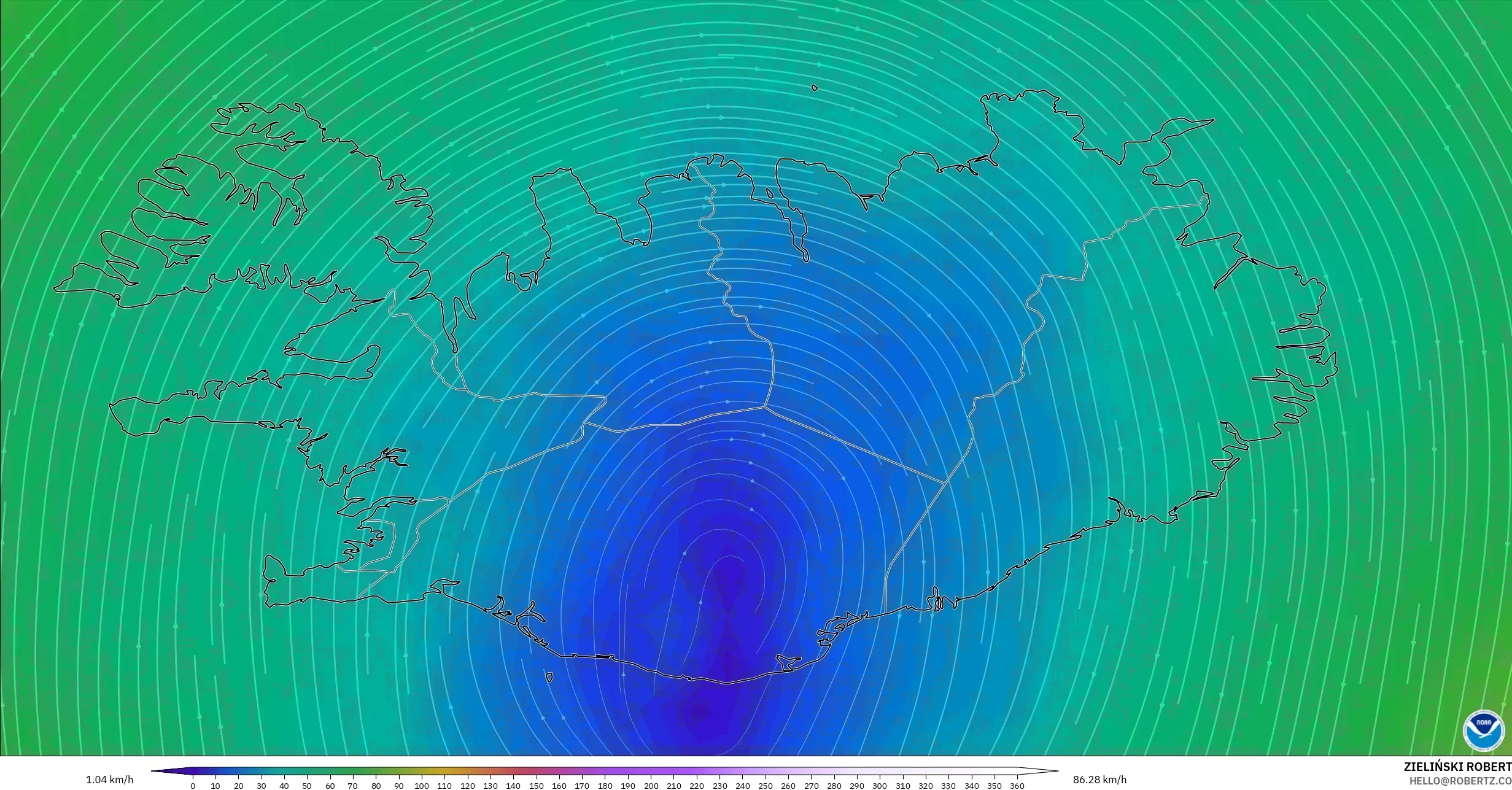 GFS model - Iceland, Wind at 300hPa (jet stream)