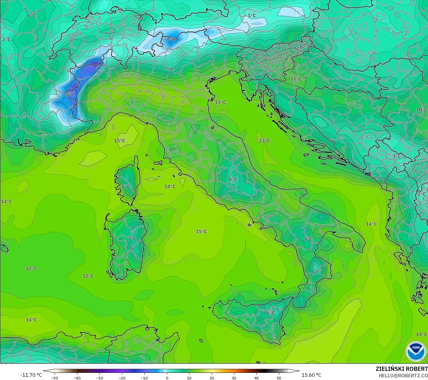 GFS model - Italy, Dewpoint at 2m
