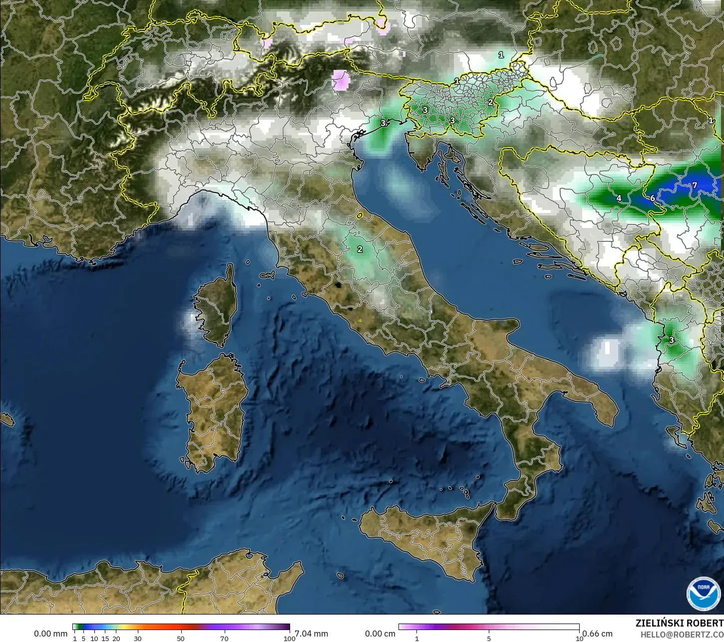 GFS model - Italy, Precipitation, Clouds, and Pressure