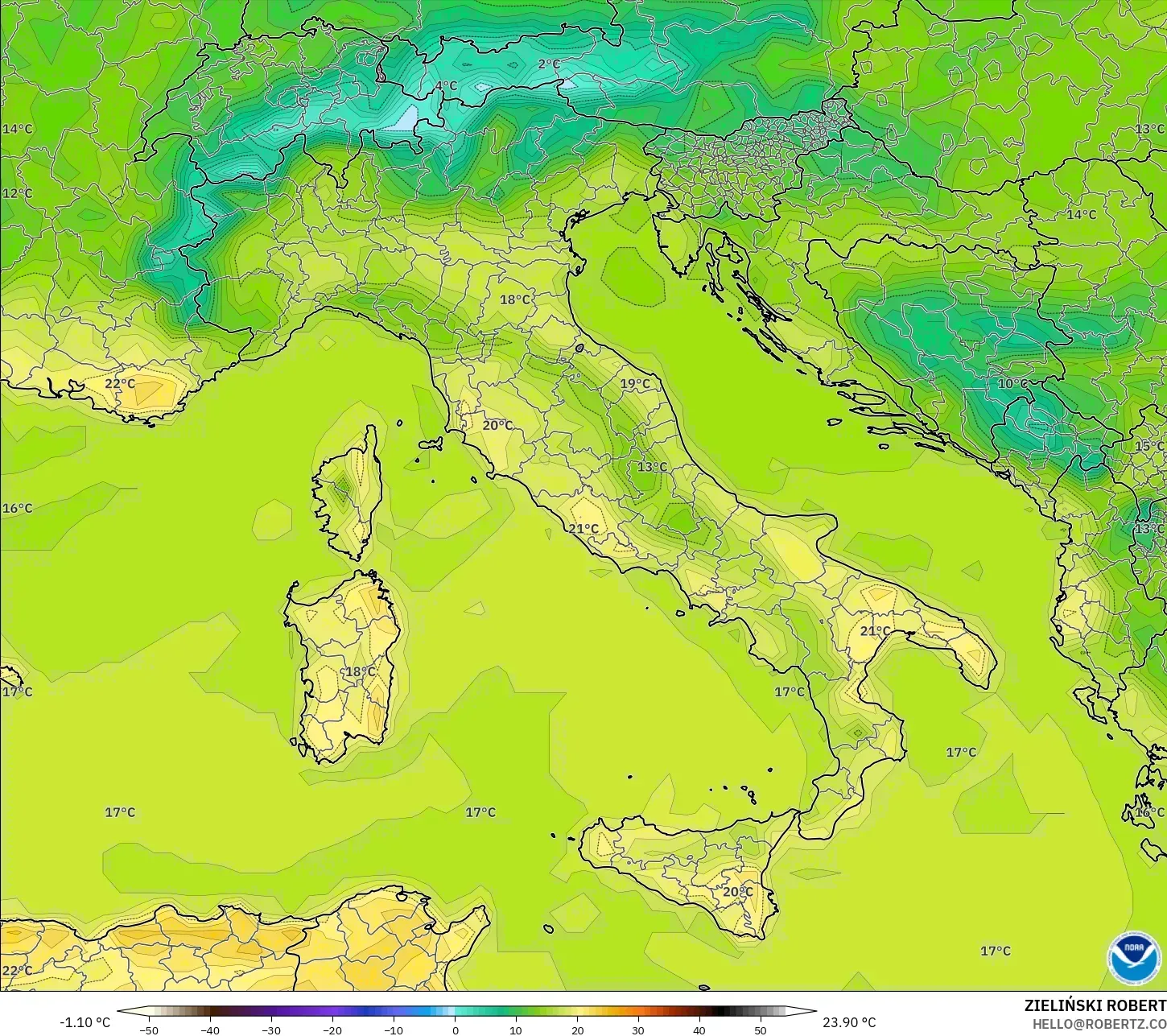 GFS model - Italy, Temperature at 2m