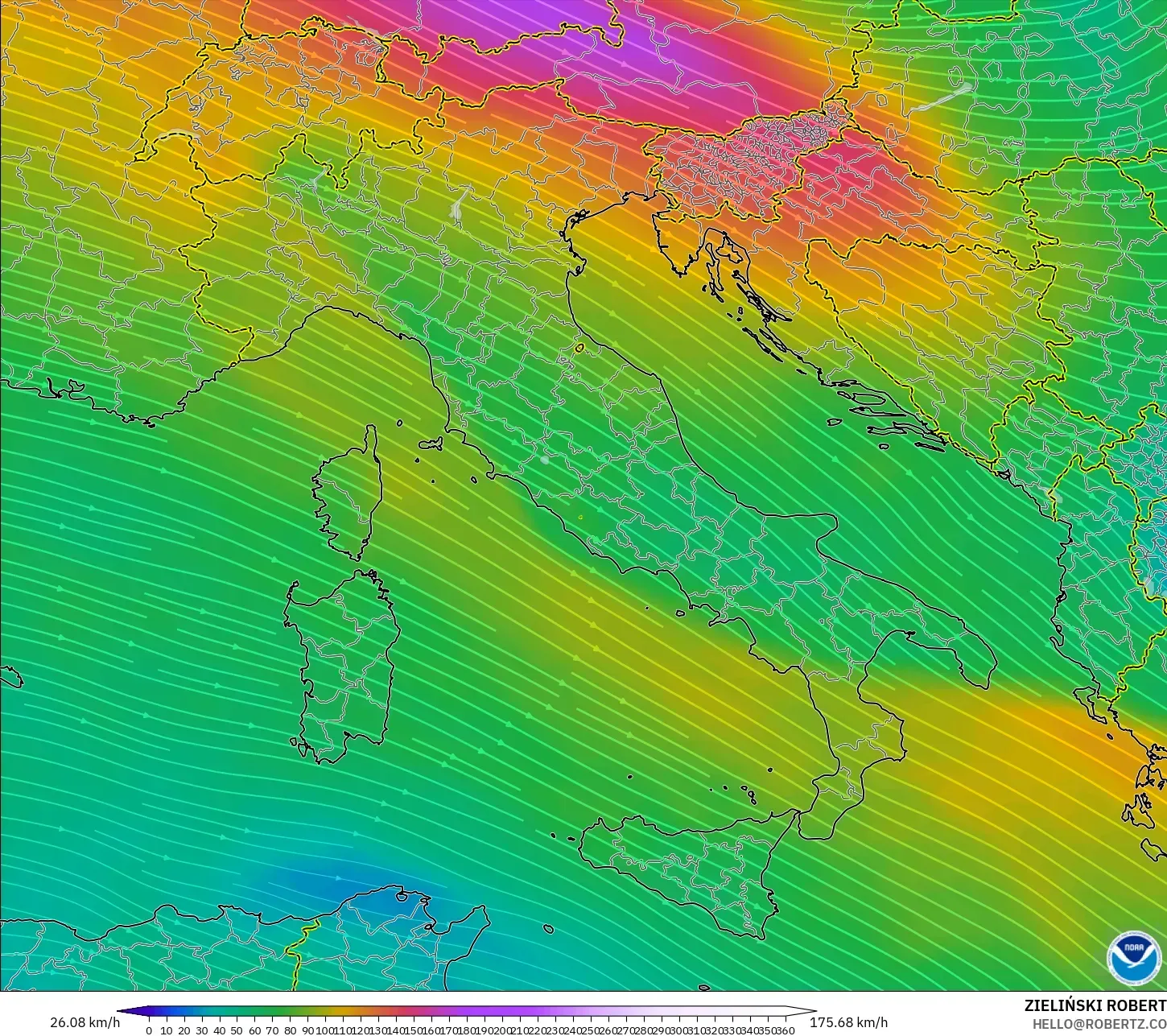 GFS model - Italy, Wind at 300hPa (jet stream)