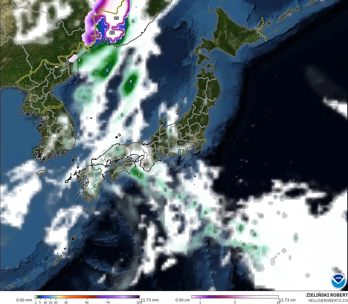 GFS model - Japan, Precipitation, Clouds, and Pressure