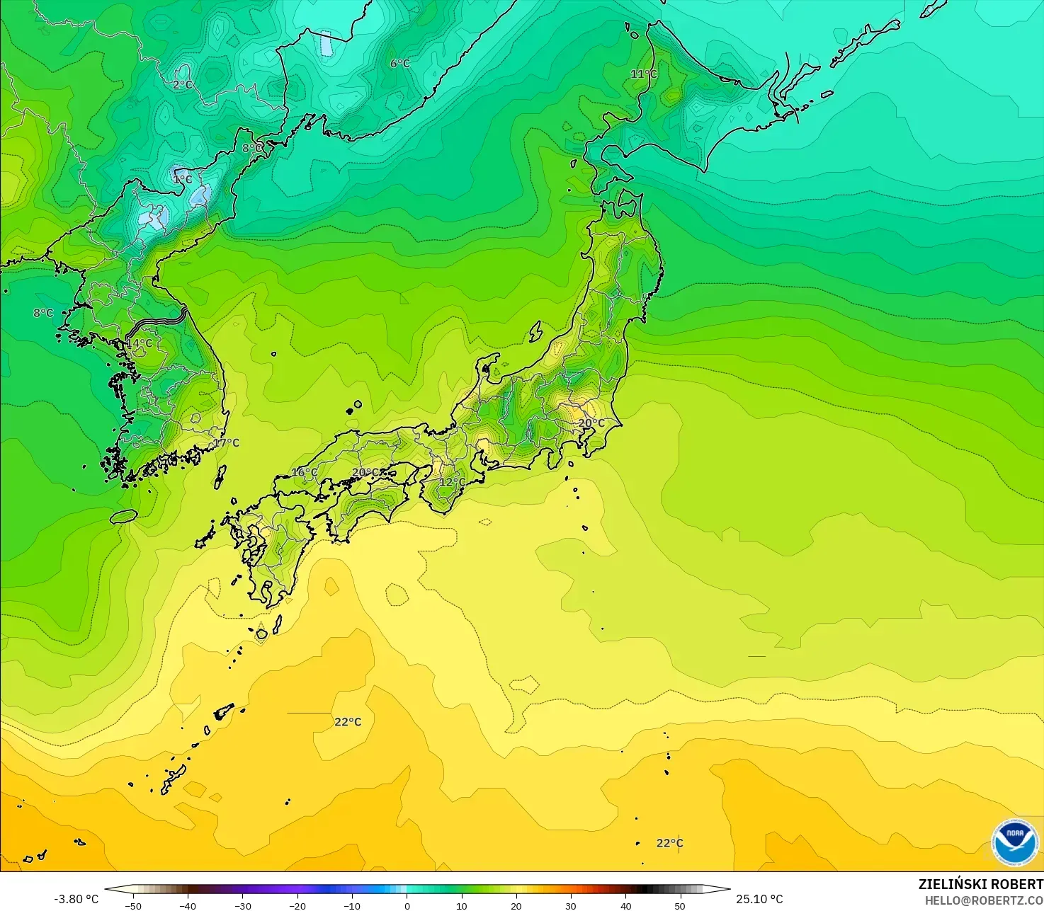 GFS model - Japan, Temperature at 2m