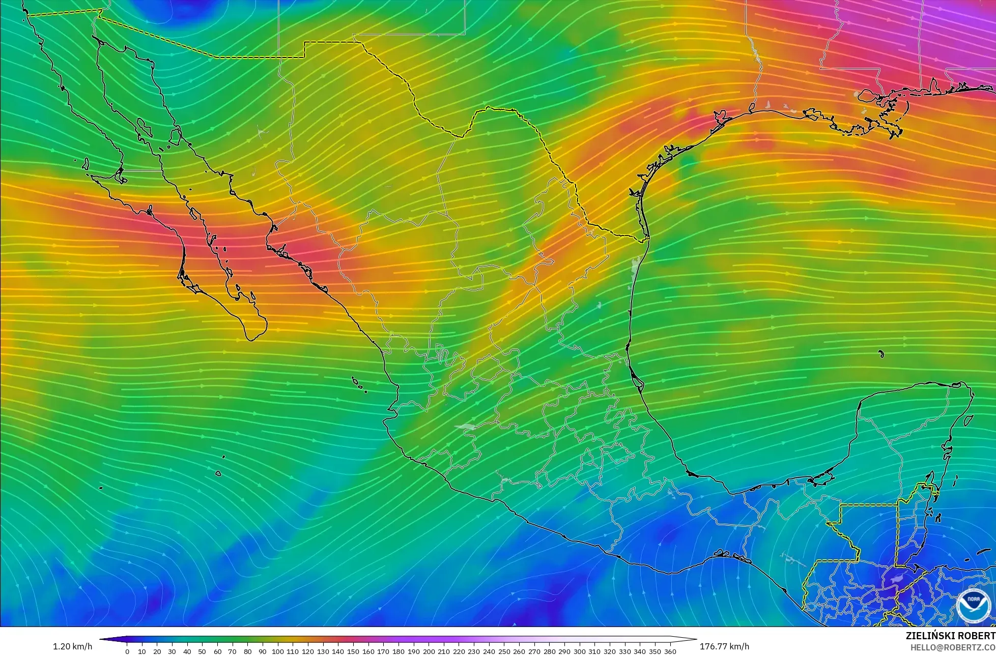 GFS model - Mexico, Wind at 300hPa (jet stream)