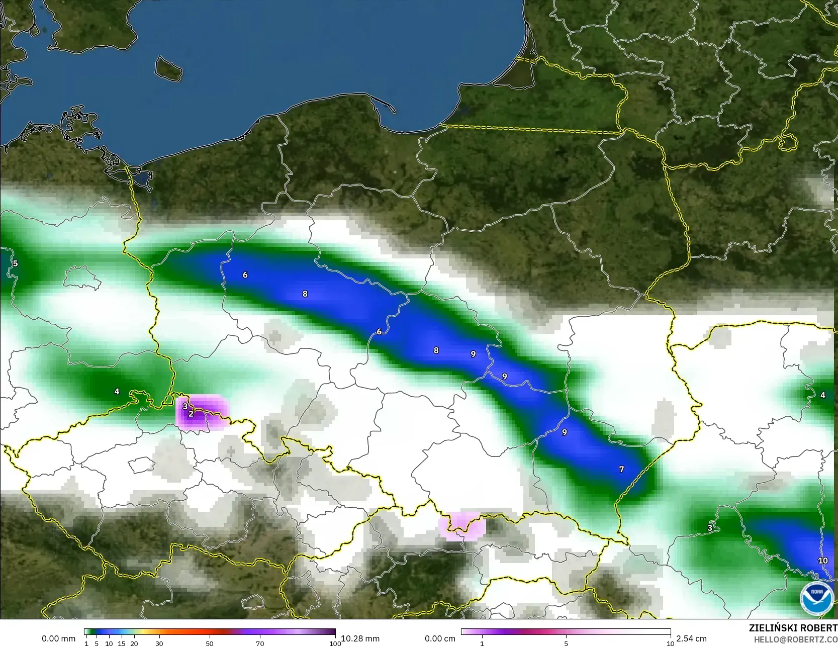GFS model - Poland, Precipitation, Clouds, and Pressure
