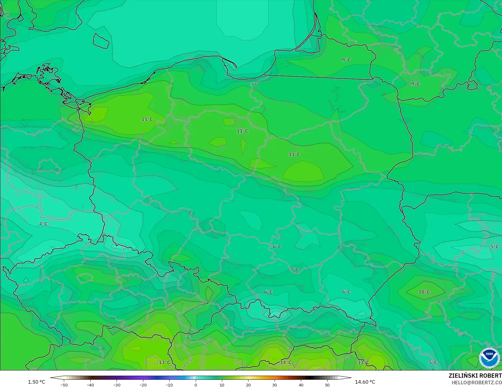 GFS model - Poland, Temperature at 2m