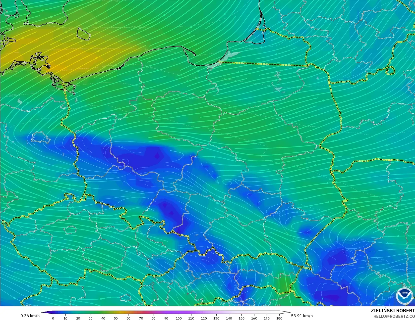GFS model - Poland, Wind at 10m