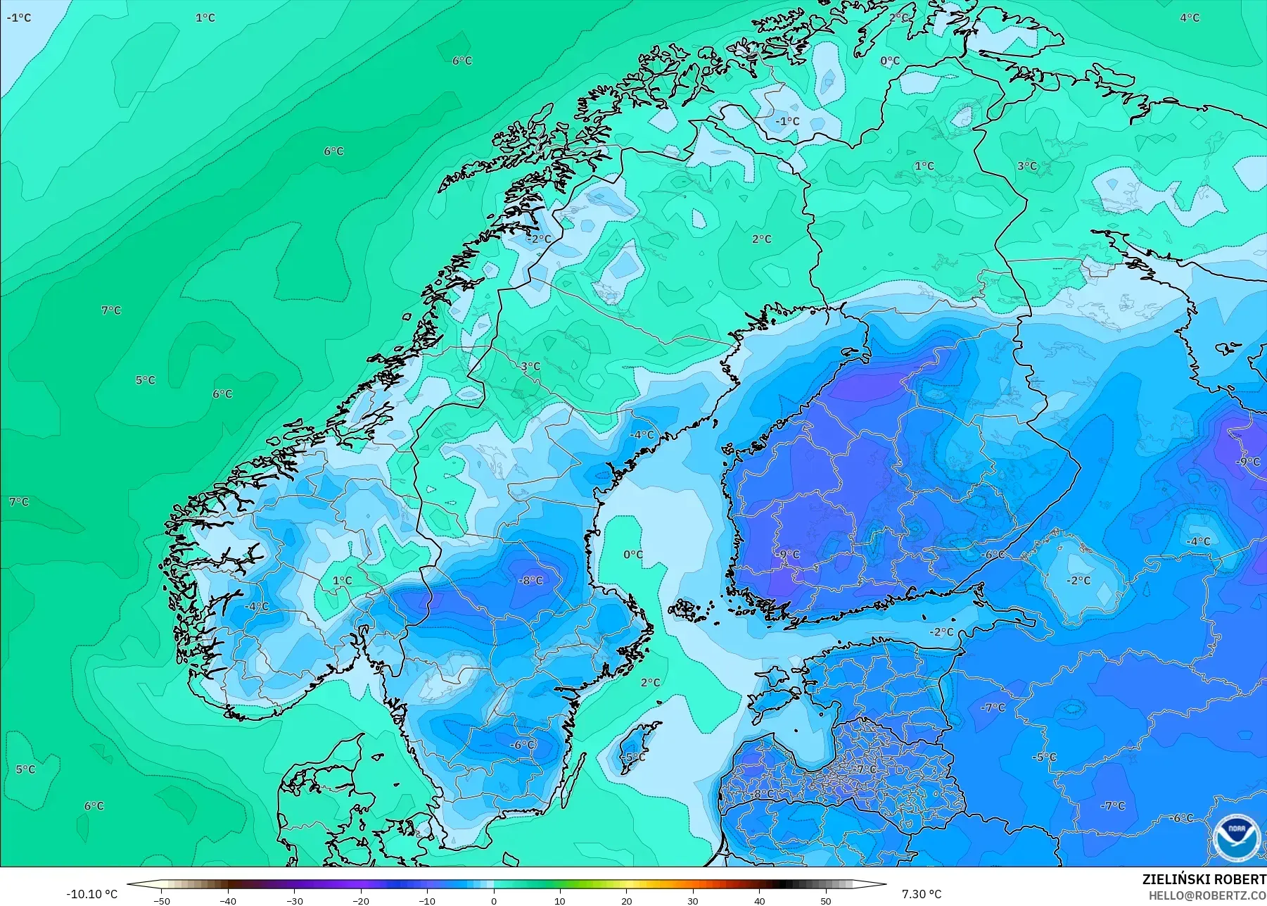 GFS model - Scandinavia, Dewpoint at 2m