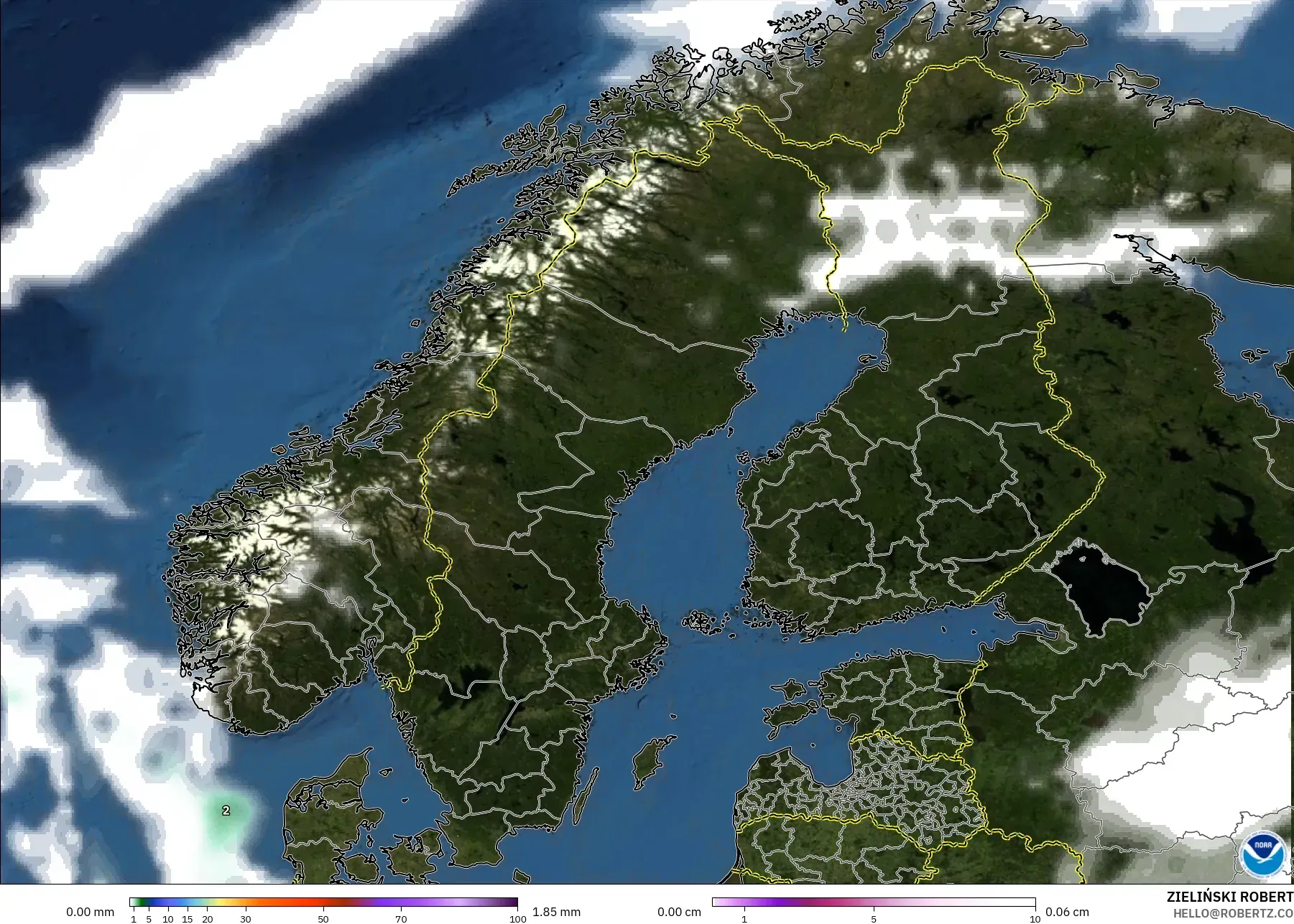 GFS model - Scandinavia, Precipitation, Clouds, and Pressure
