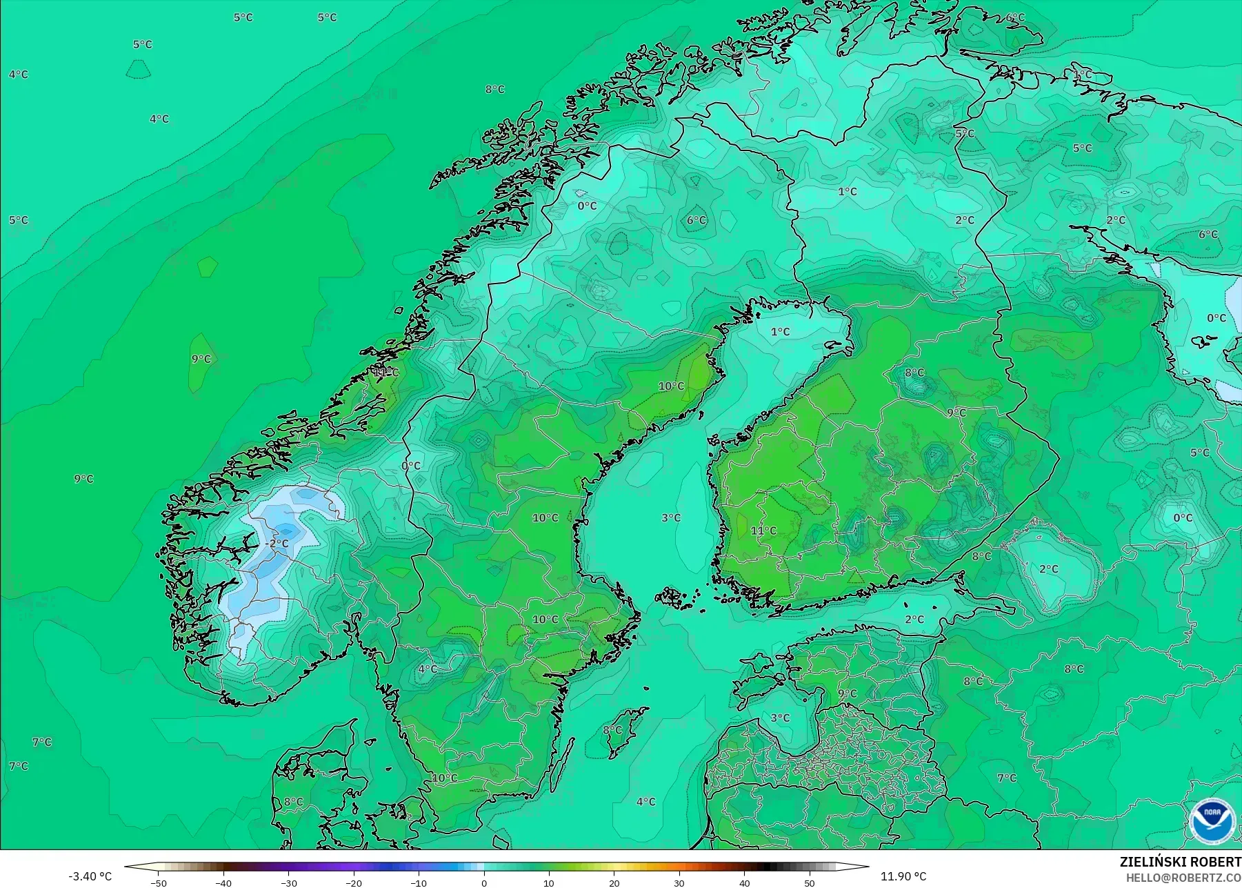 GFS model - Scandinavia, Temperature at 2m