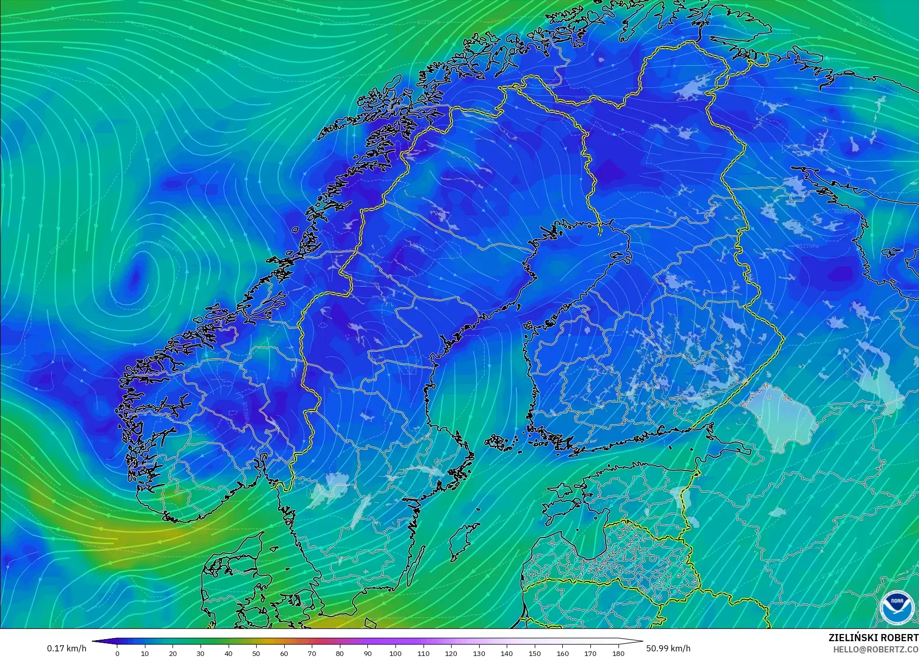 GFS model - Scandinavia, Wind at 10m