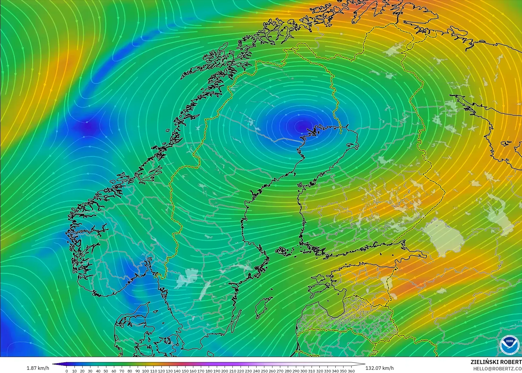 GFS model - Scandinavia, Wind at 300hPa (jet stream)